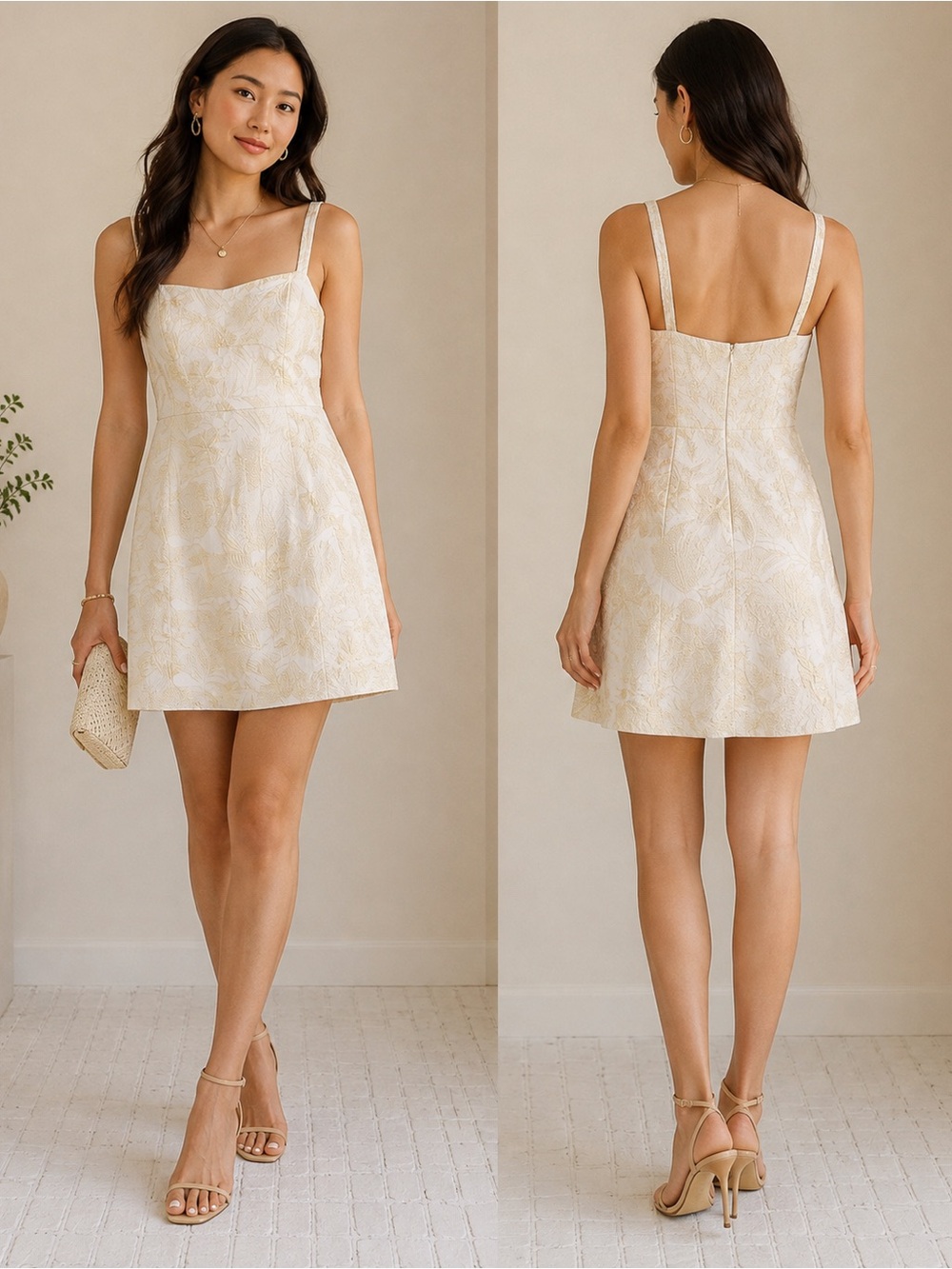 Lulu's Cream and Pale Gold Yellow Brocade Mini Dress L